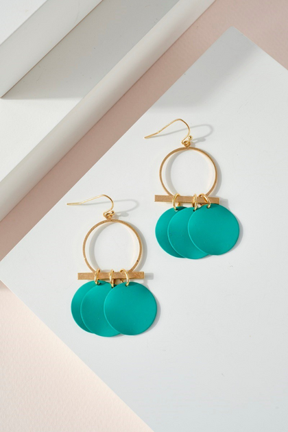 Teal Dangly Disk Hoop Earrings