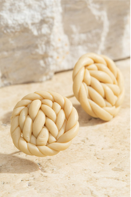 Handmade Clay Braided Knitting Ivory Round Earrings